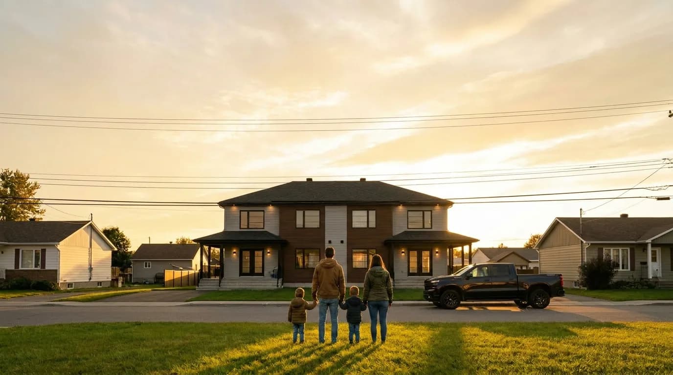 Jeune famille devant un jumelé neuf Belleau en Estrie à l'heure dorée