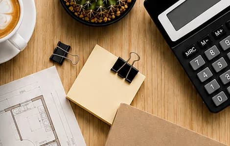 Bureau avec plans et calculatrice